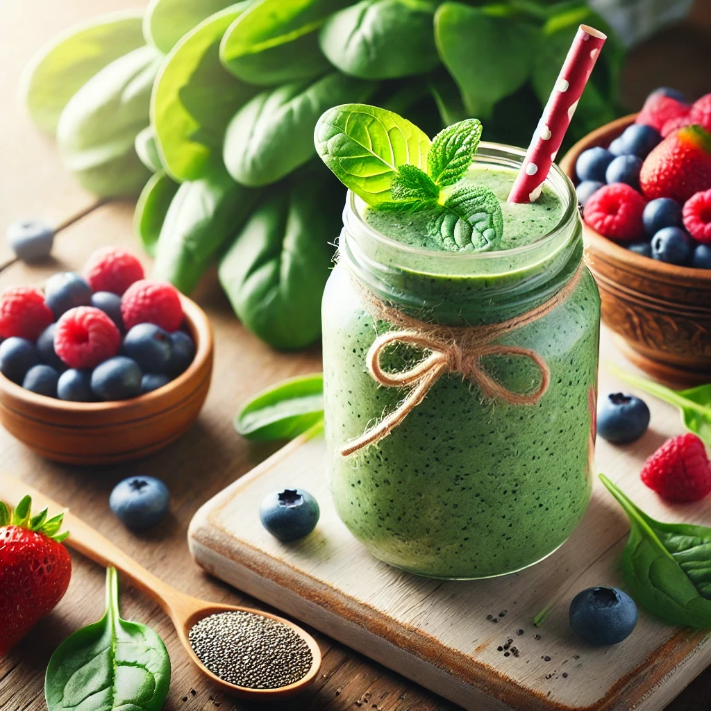 A glass jar filled with a spinach and berries smoothie, garnished with a sprig of mint and a straw, surrounded by fresh spinach leaves, vibrant mixed berries, and a small bowl of chia seeds on a wooden table.