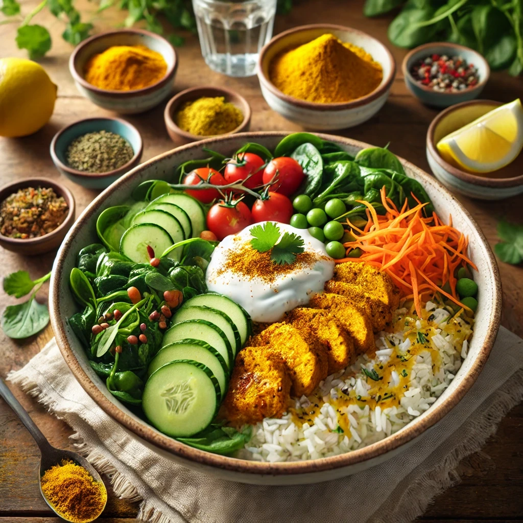 A turmeric chicken bowl featuring golden turmeric-marinated chicken, jasmine rice, fresh greens, cucumbers, cherry tomatoes, shredded carrots, yogurt sauce, and cilantro.