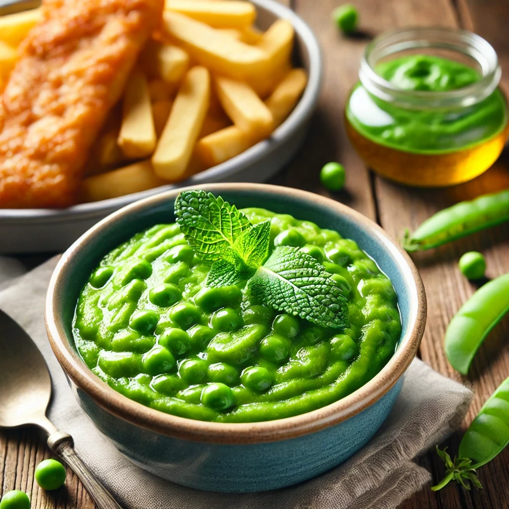 A bowl of creamy mushy green peas garnished with a sprig of fresh mint, served alongside fish and chips on a rustic wooden table
