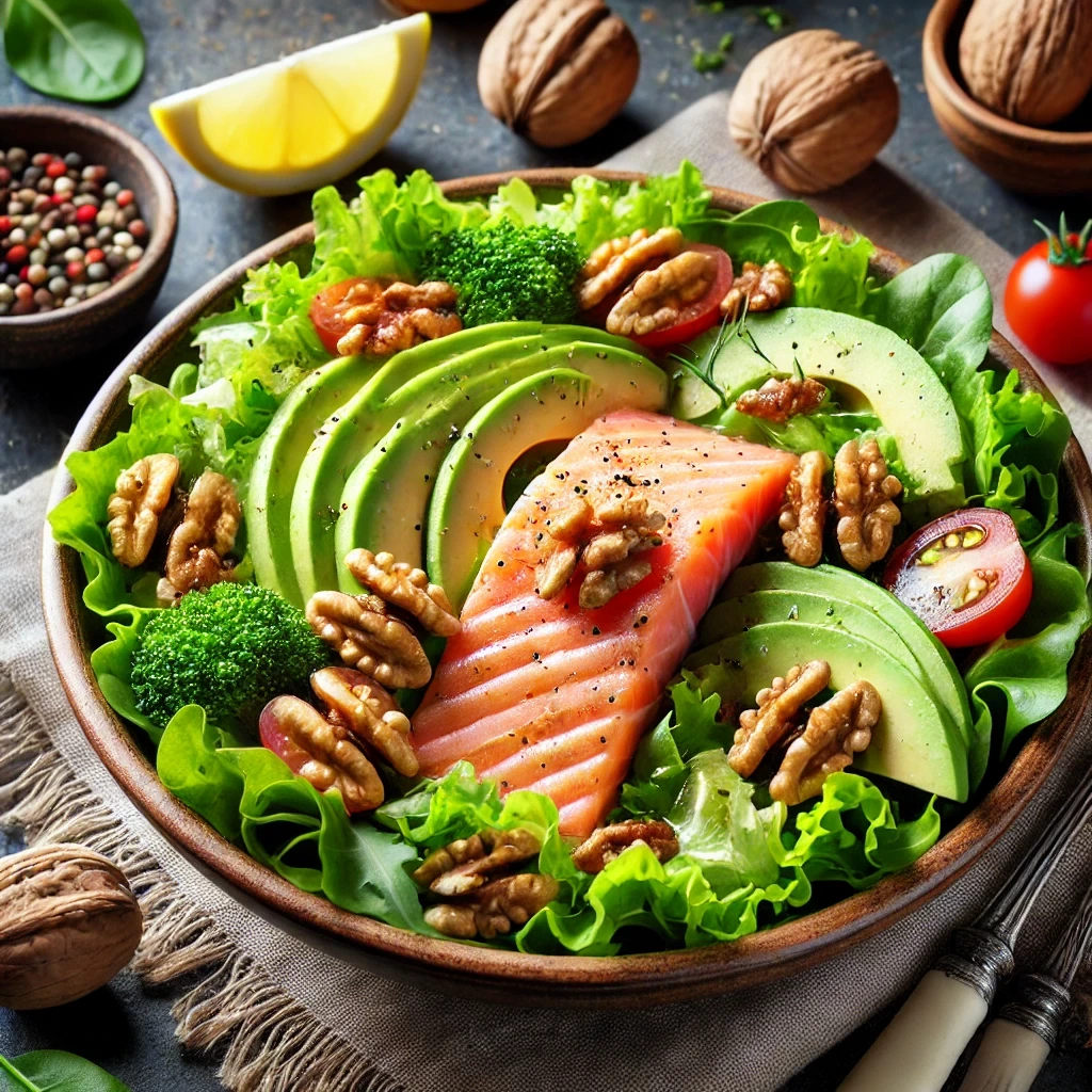 Salmon salad with avocado and walnuts, arranged on a bed of leafy greens, garnished with lemon vinaigrette, cherry tomatoes, and fresh herbs, placed on a rustic wooden table with a bowl of walnuts and a lemon wedge nearby