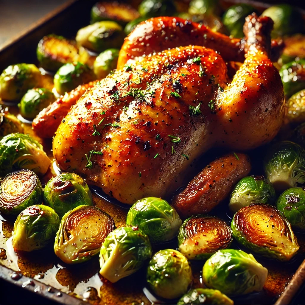 Roasted chicken with Brussels sprouts,