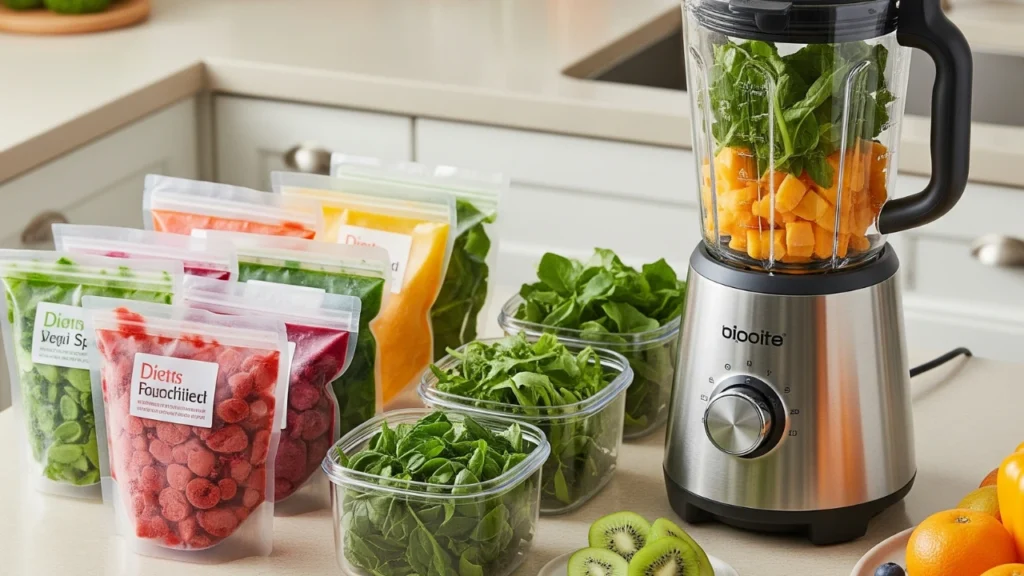 Neatly organized smoothie ingredients next to a blender