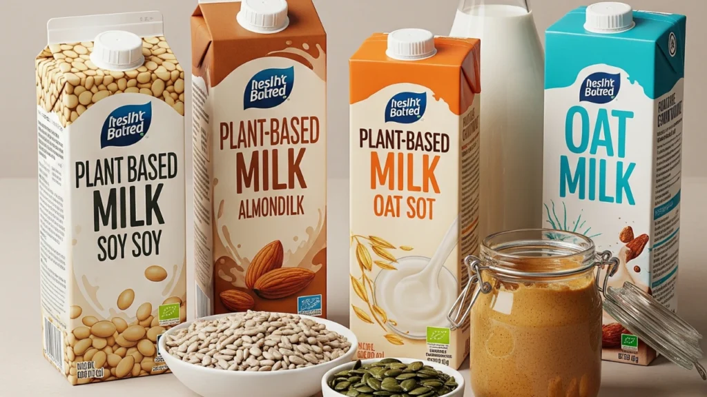 Plant-based milk and seeds next to nut butter