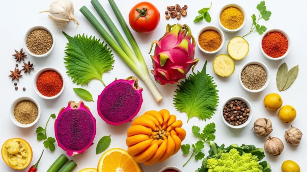 Flat lay of diverse and colorful smoothie ingredients